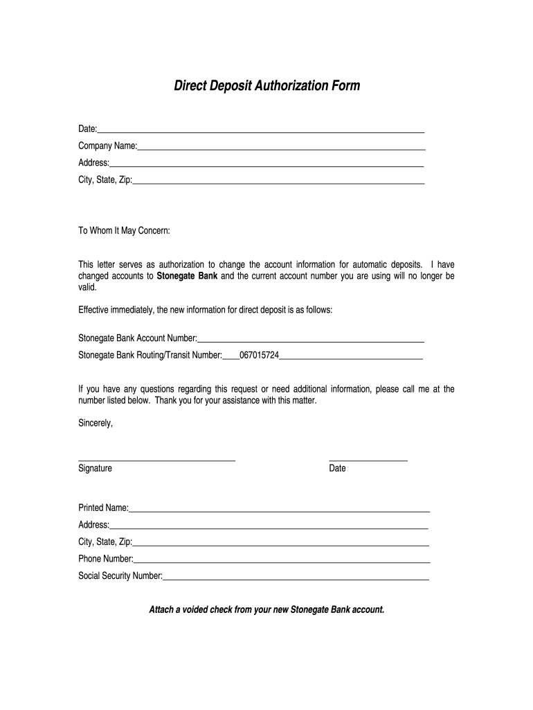 Direct Deposit Authorization Form Stonegate Bank Fill Out and Sign