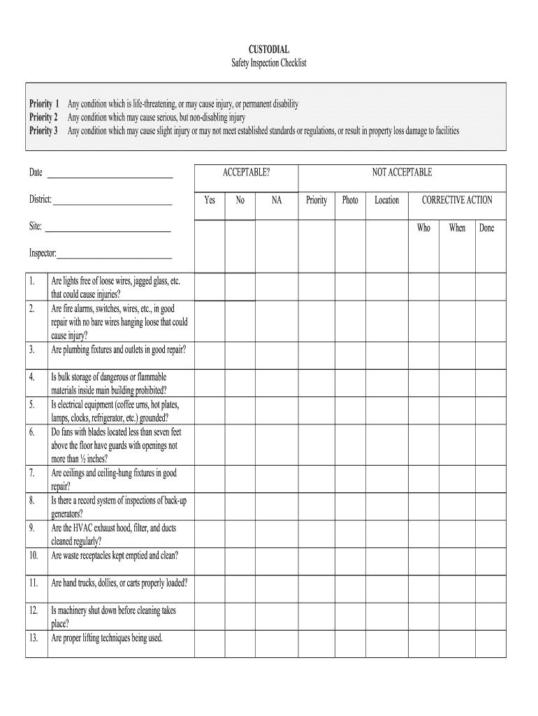 School Custodian Duties Checklist Form Fill Out and Sign Printable