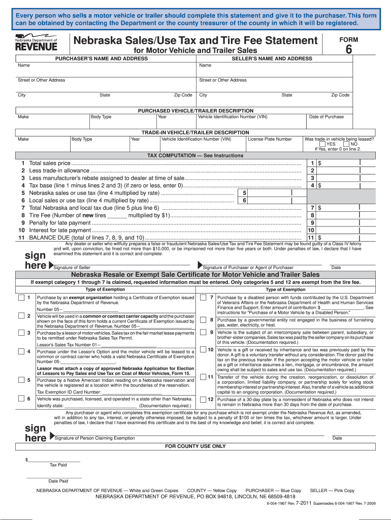 Form 6 Nebraska Sales Tax and Tire Fee Statement for Motor Vehicle and