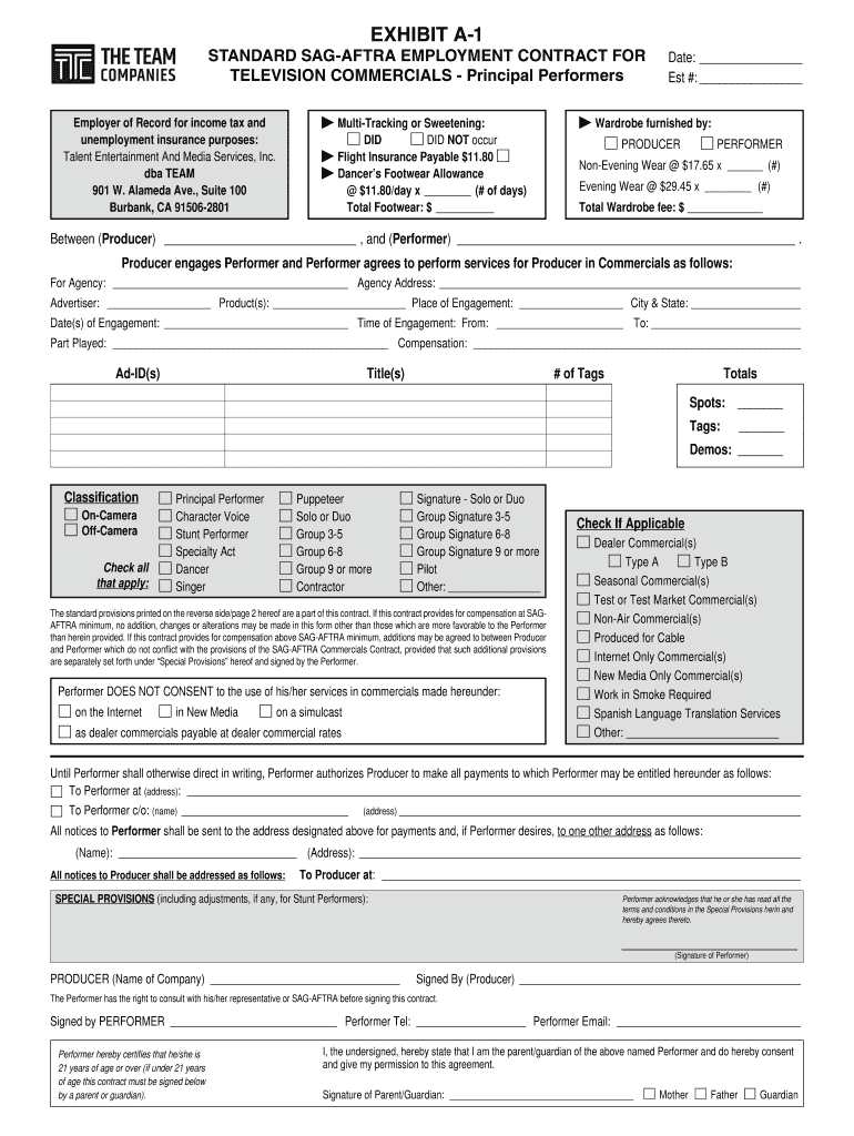 EXHIBIT A 1 STANDARD SAG AFTRA EMPLOYMENT CONTRACT FOR Fill Out and