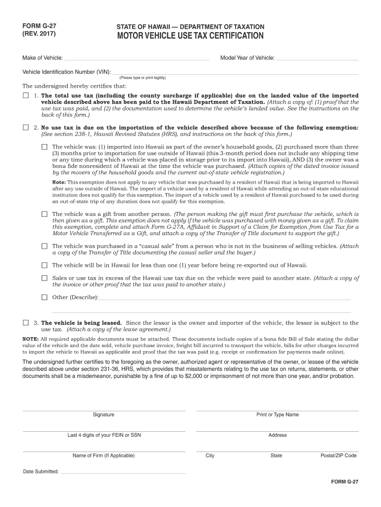 Form G 27, Rev , Motor Vehicle Use Tax Hawaii gov Fill