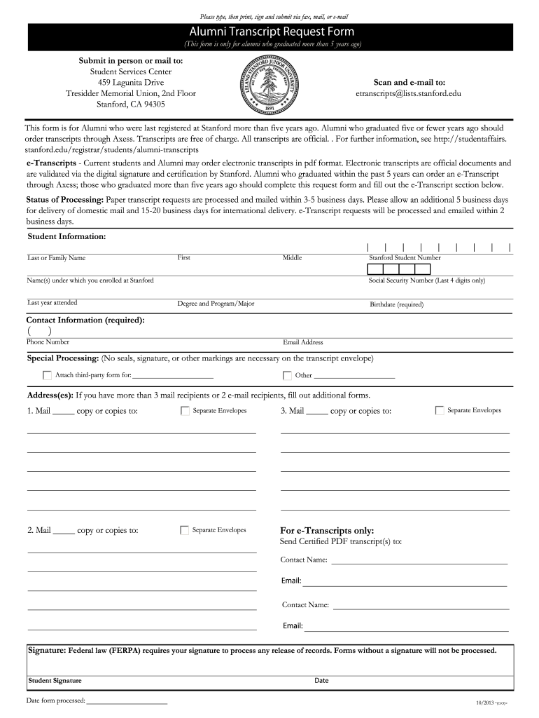 Stanford University Transcript Fill Out and Sign Printable PDF