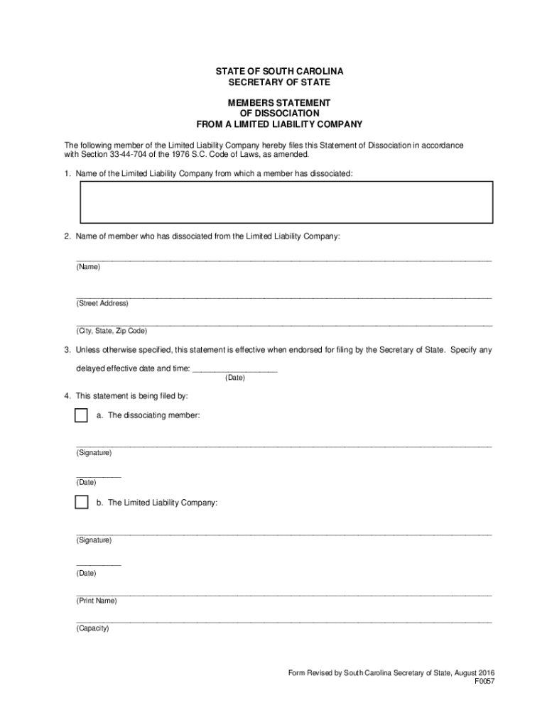 State of South Carolina Secretary of State Members Statement of Form