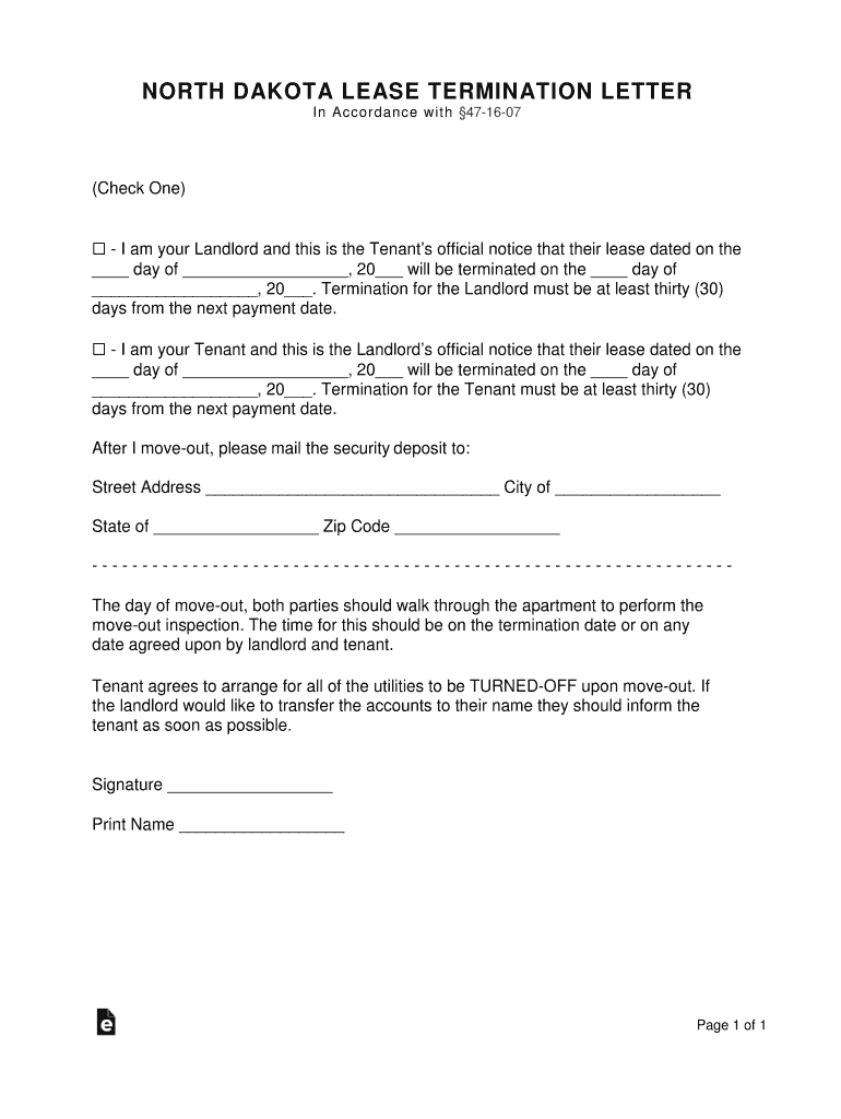 NORTH DAKOTA LEASE TERMINATION LETTER Fill Out and Sign Printable PDF