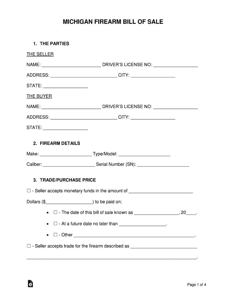 Michigan Firearm Bill of Sale Form Fill Out and Sign Printable PDF