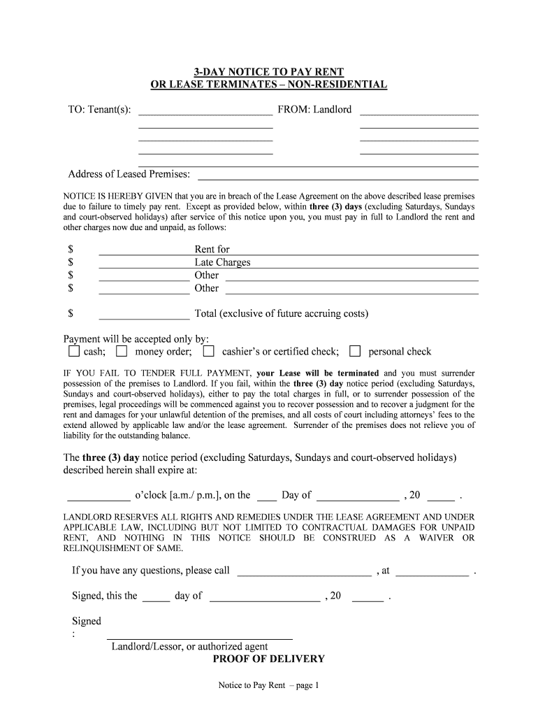 California 3 Day Notice to Quit FormNon Payment of Rent Fill Out and