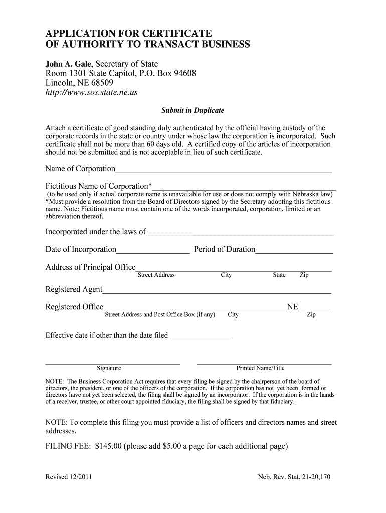 Nebraska Application for Certificate of Authority to Transact Form Fill Out and Sign Printable