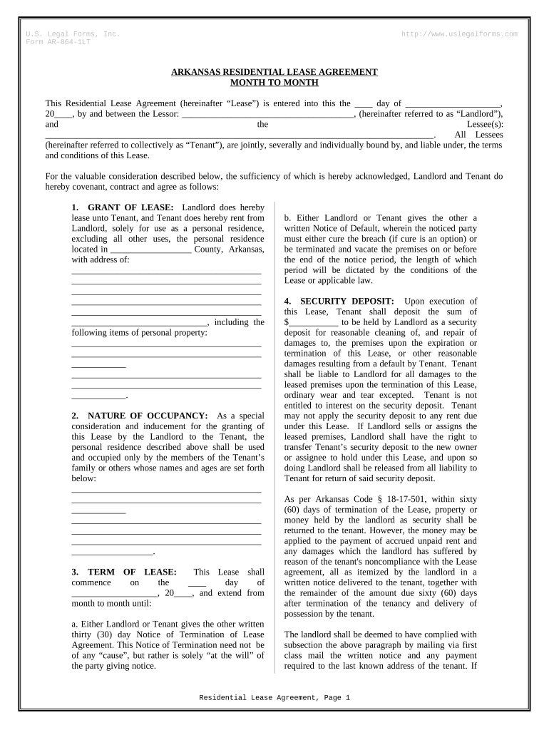 Residential Lease or Rental Agreement for Month to Month Arkansas Form