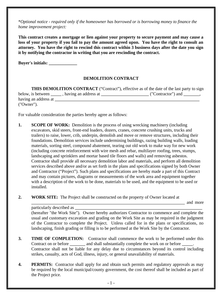 Demolition Contract for Contractor Maryland Form Fill Out and Sign