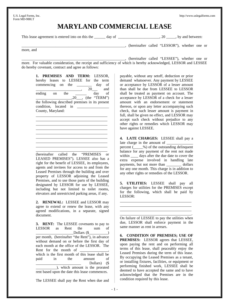 Commercial Building or Space Lease Maryland Form Fill Out and Sign Printable PDF Template