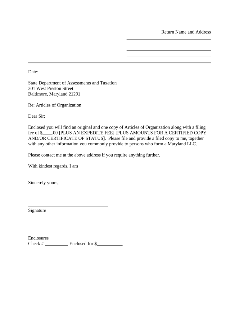 Sample Cover Letter for Filing of LLC Articles or Certificate with