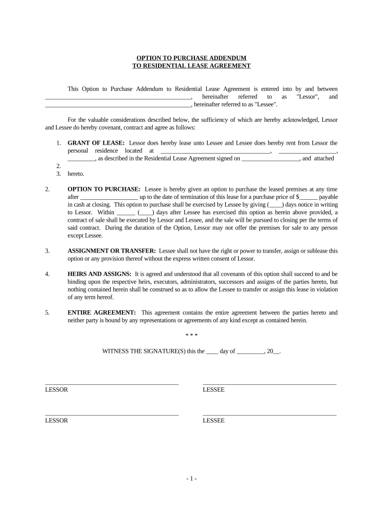 Option to Purchase Addendum to Residential Lease Lease or Rent to Own