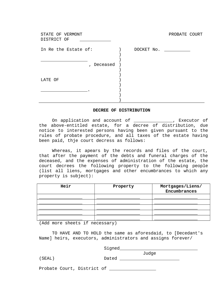Decree of Distribution Alternate Form Vermont Fill Out and Sign