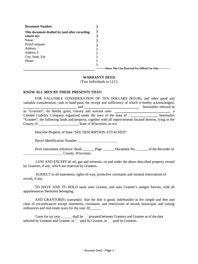 Warranty Deed from Two Individuals to LLC Wisconsin Form Fill Out and