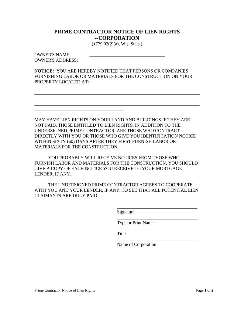 Prime Contractor's Notice of Lien Rights by Corporation or LLC