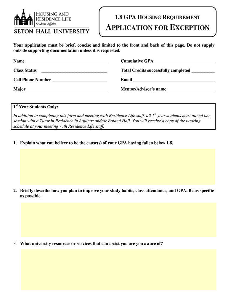 1 8 GPA Exception Form PDF Seton Hall University Fill Out and Sign