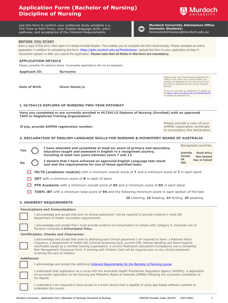 Application Form Bachelor Of Nursing Discipline Of Nursing Fill Out and Sign Printable PDF