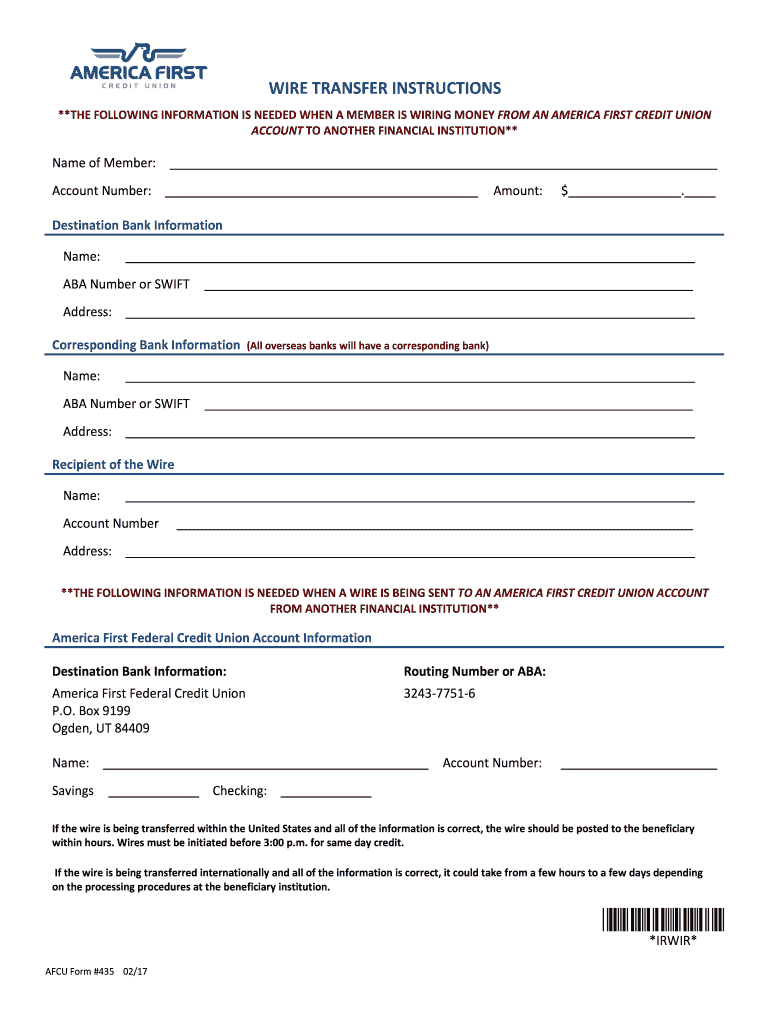 Wire Transfer America First Credit Union Fill Out and