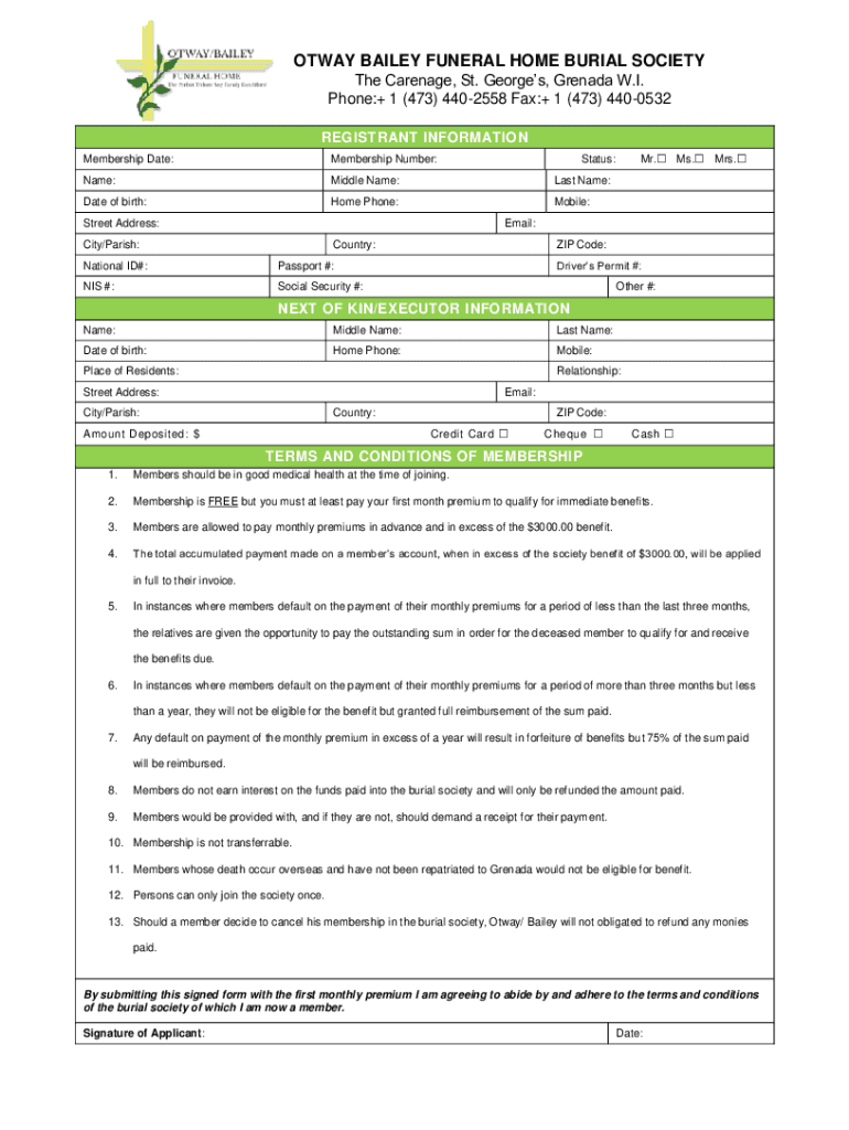 Otway Bailey Funeral Home Burial Society Form Fill Out and Sign