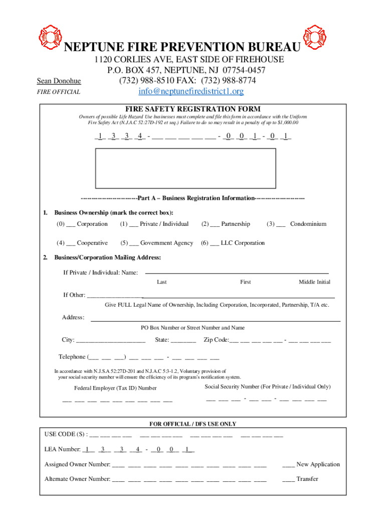 New Jersey Fire Prevention Form Fill Out and Sign Printable PDF