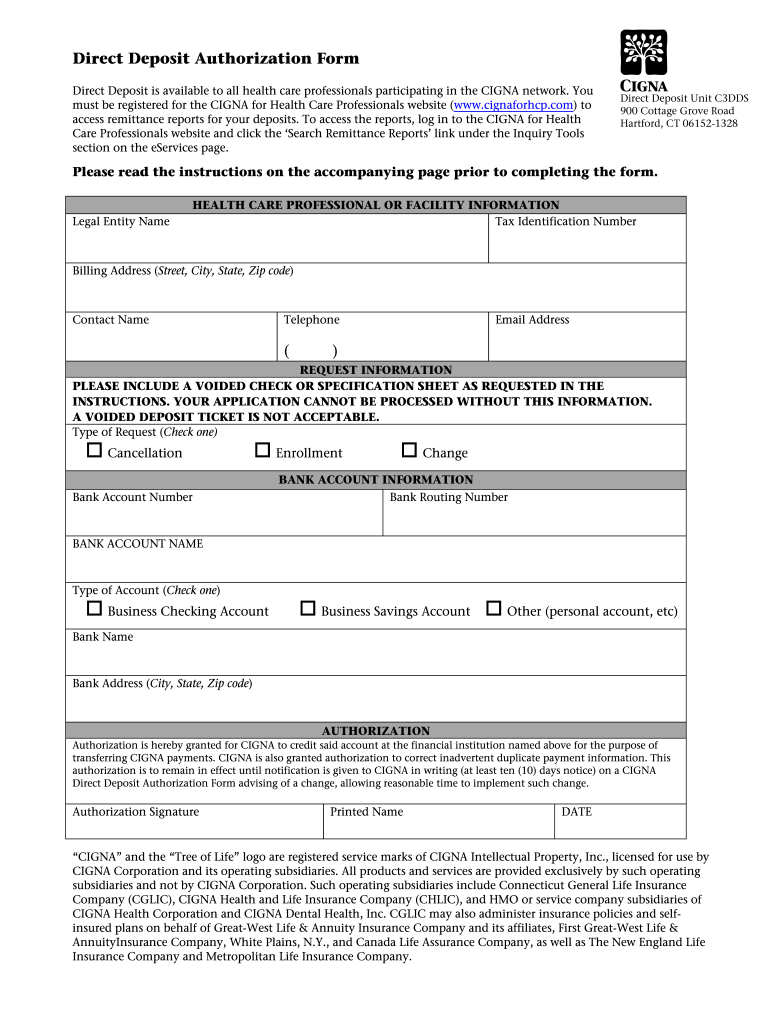 Cigna Direct Deposit Form Fill Out and Sign Printable PDF Template