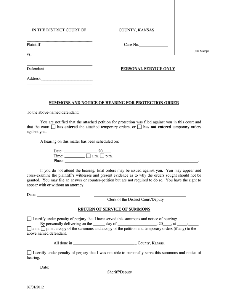Summons And Notice Of Hearing For Protection Order Pdf Fpdf