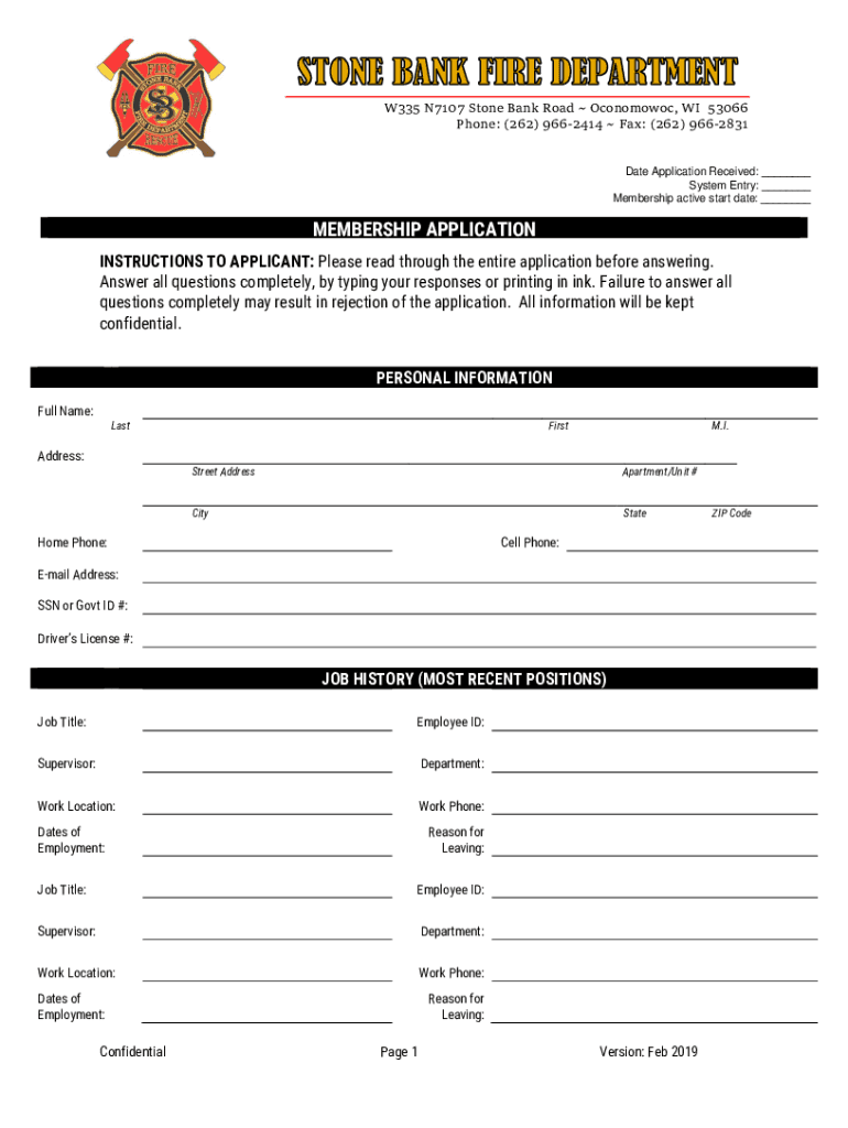 Stone Bank Volunteer Fire Department in Oconomowoc, WI Fill Out and