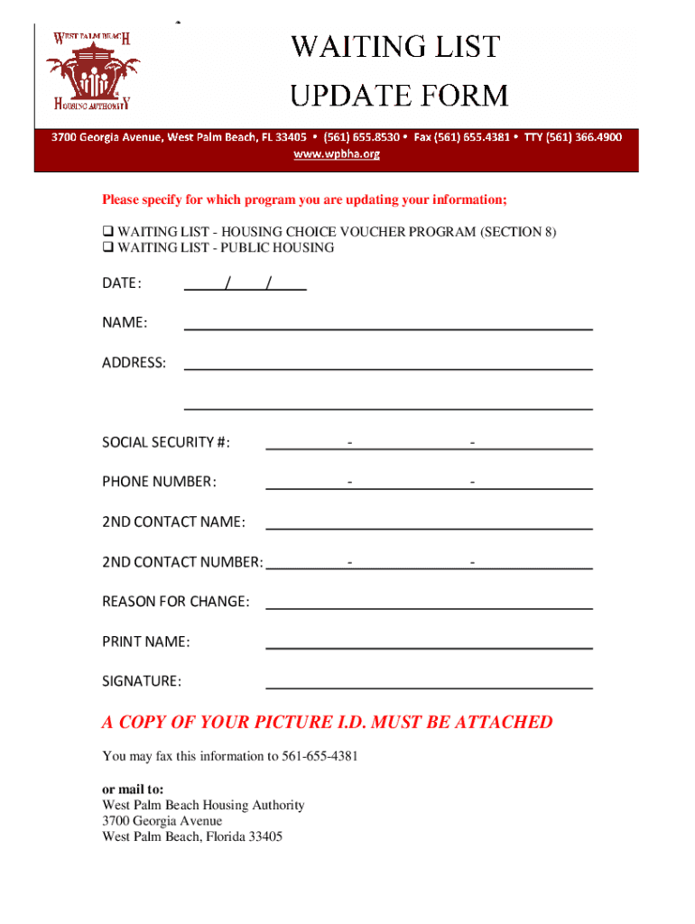 West Palm Beach Housing Waiting List Fill Out and Sign Printable PDF