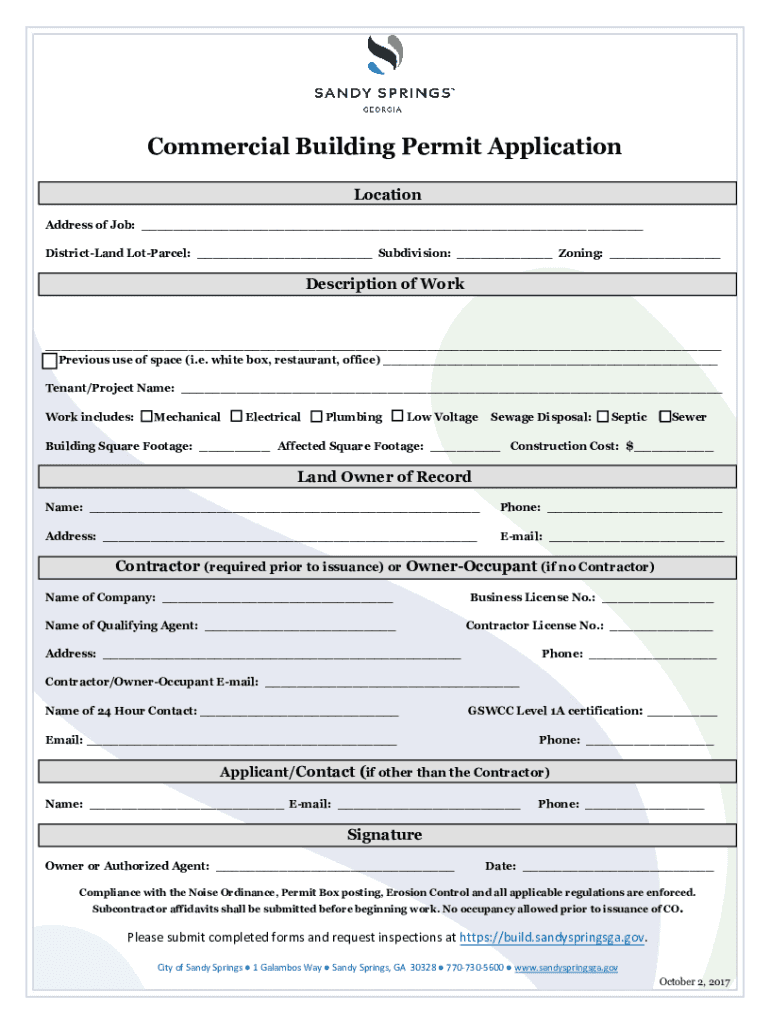 Commercial Building Permit Application City of Sandy Springs Form