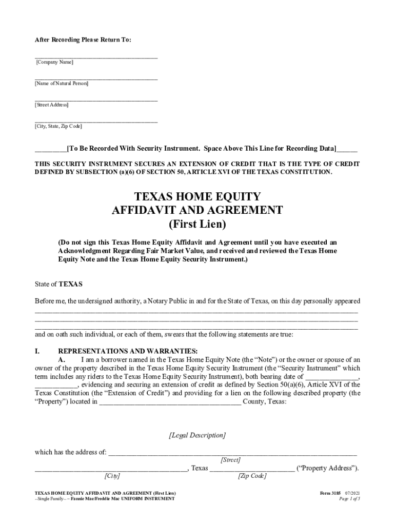 Texas Home Equity Affidavit and Agreement 20212024 Form Fill Out and
