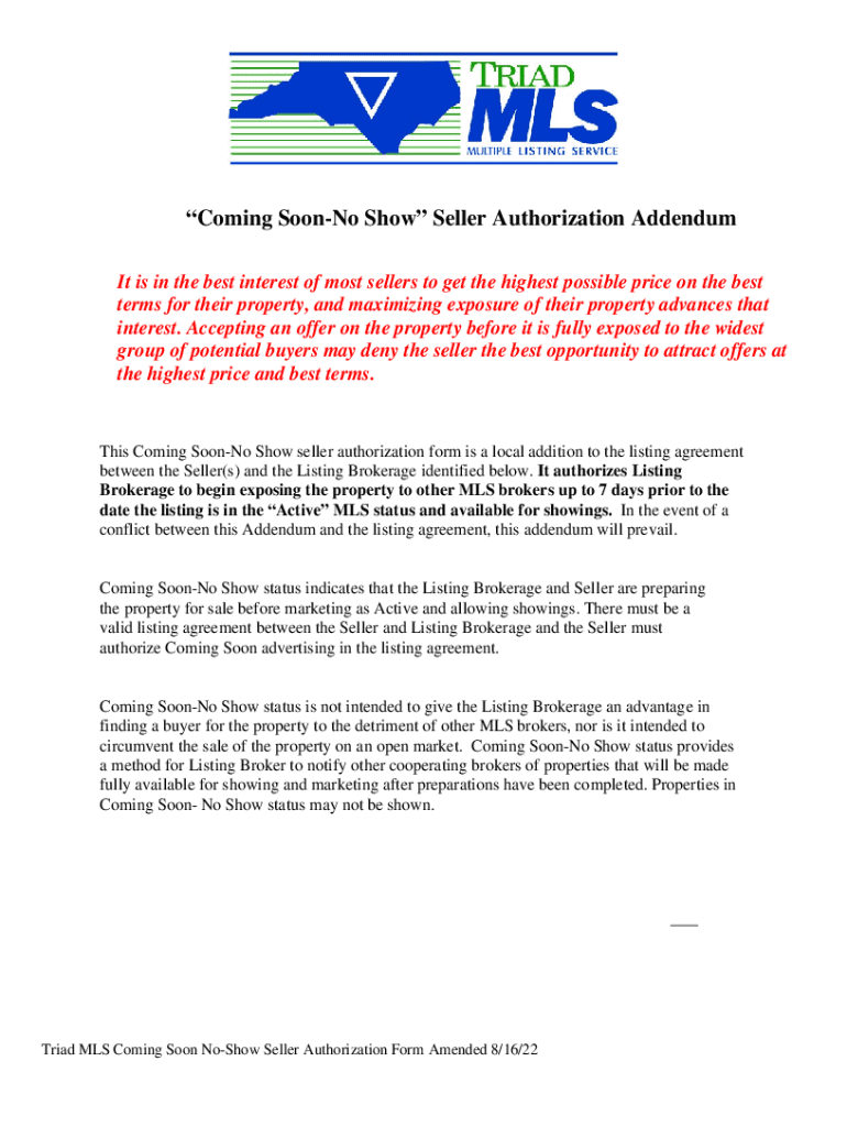 Triad MLS Coming Soon Seller Authorization Form Final Version 3 28 DOCX Fill Out and Sign