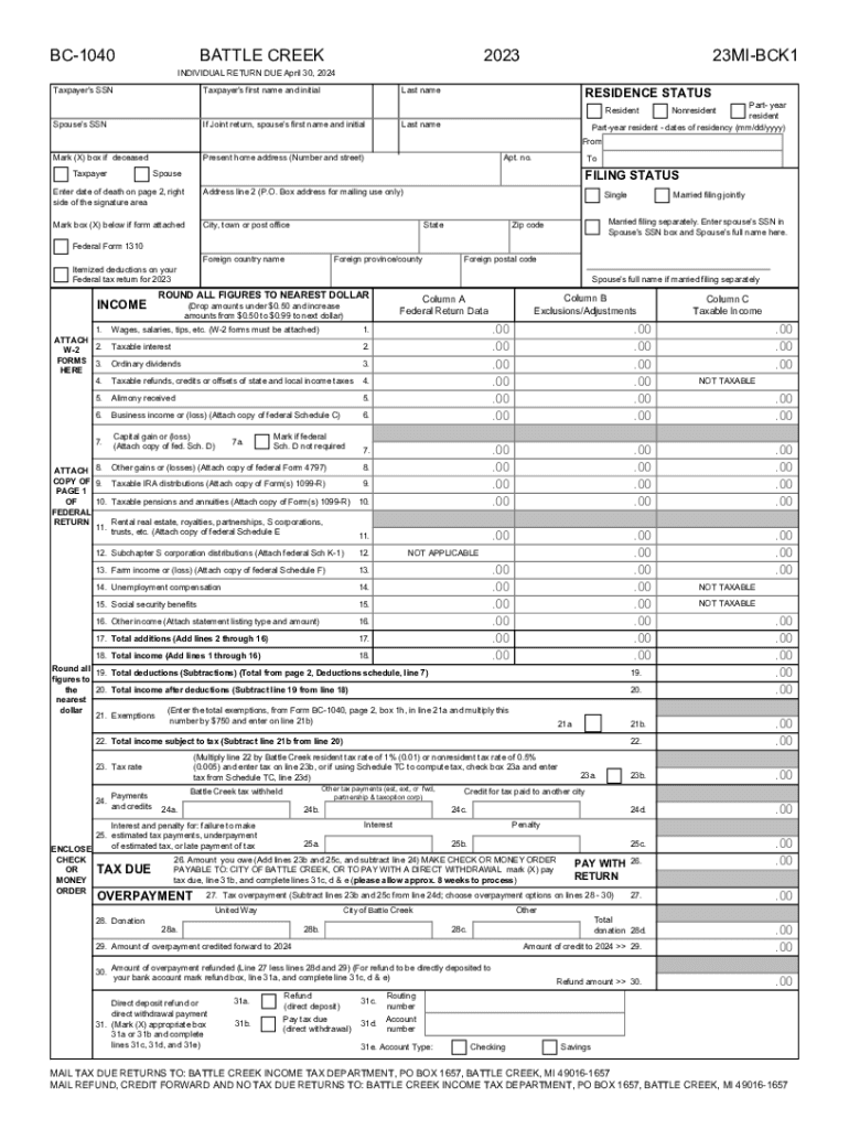 City of Battle Creek Tax S 20232024 Form Fill Out and Sign Printable