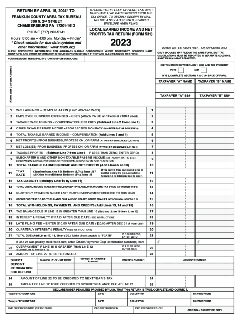 Franklin County Area Tax Bureau 531 20232024 Form Fill Out and Sign