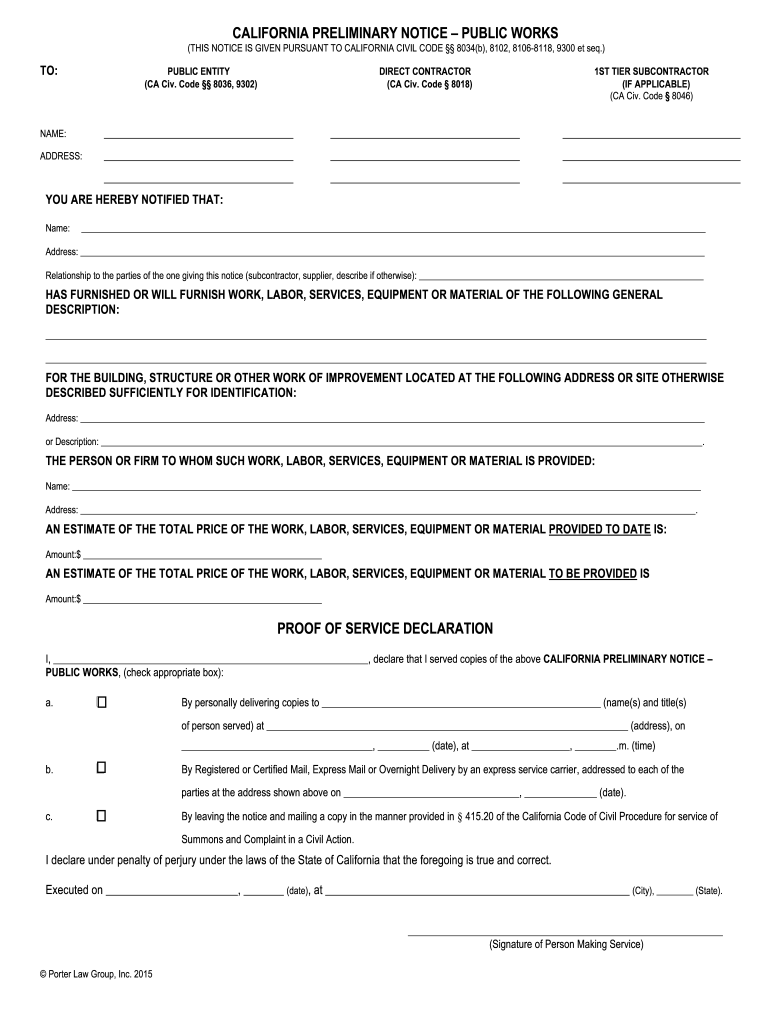 California Preliminary Notice Public Works Fill Out and Sign