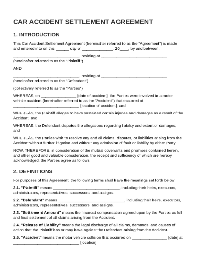 Car Accident Settlement Agreement Template Form - Fill Out and Sign