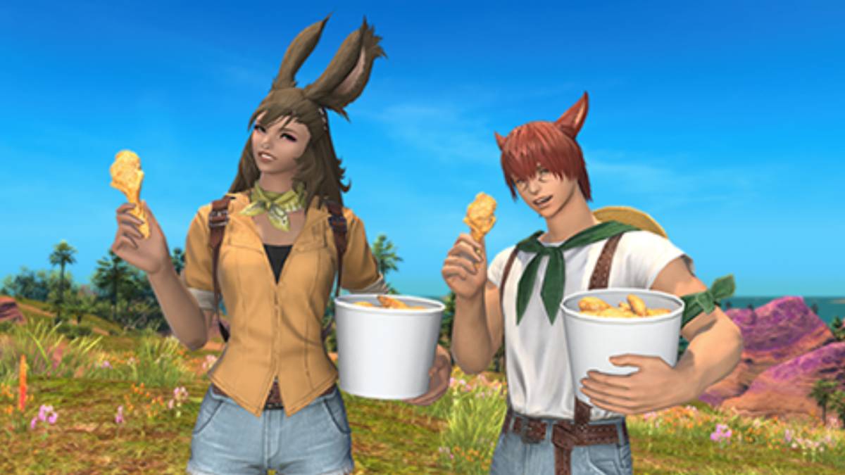 The KFC x Final Fantasy XIV event includes the Eat Fried Chicken emote