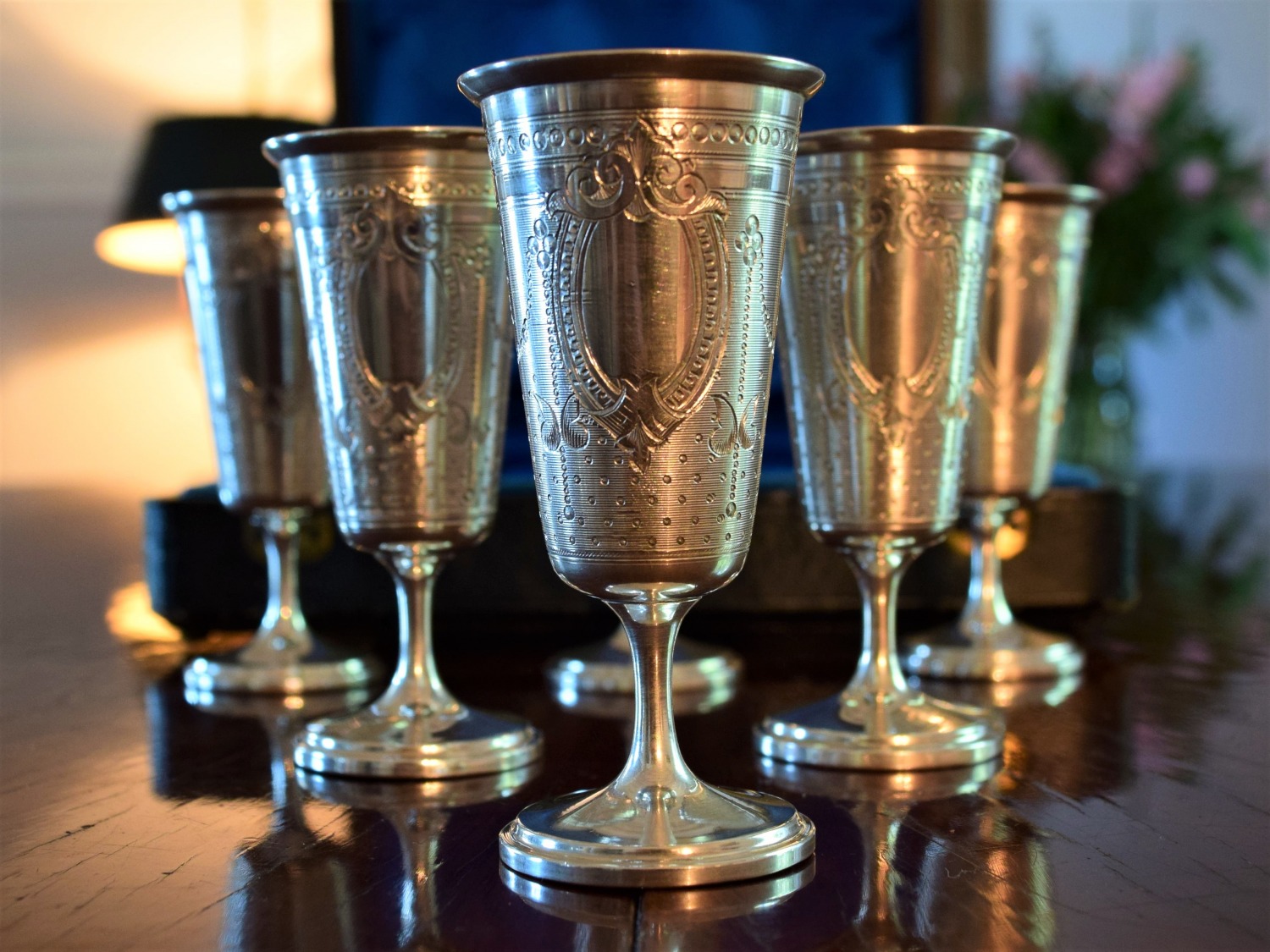 Antique French Silver Suite Of 6 Silver Shot Glasses By Auguste Jugelet