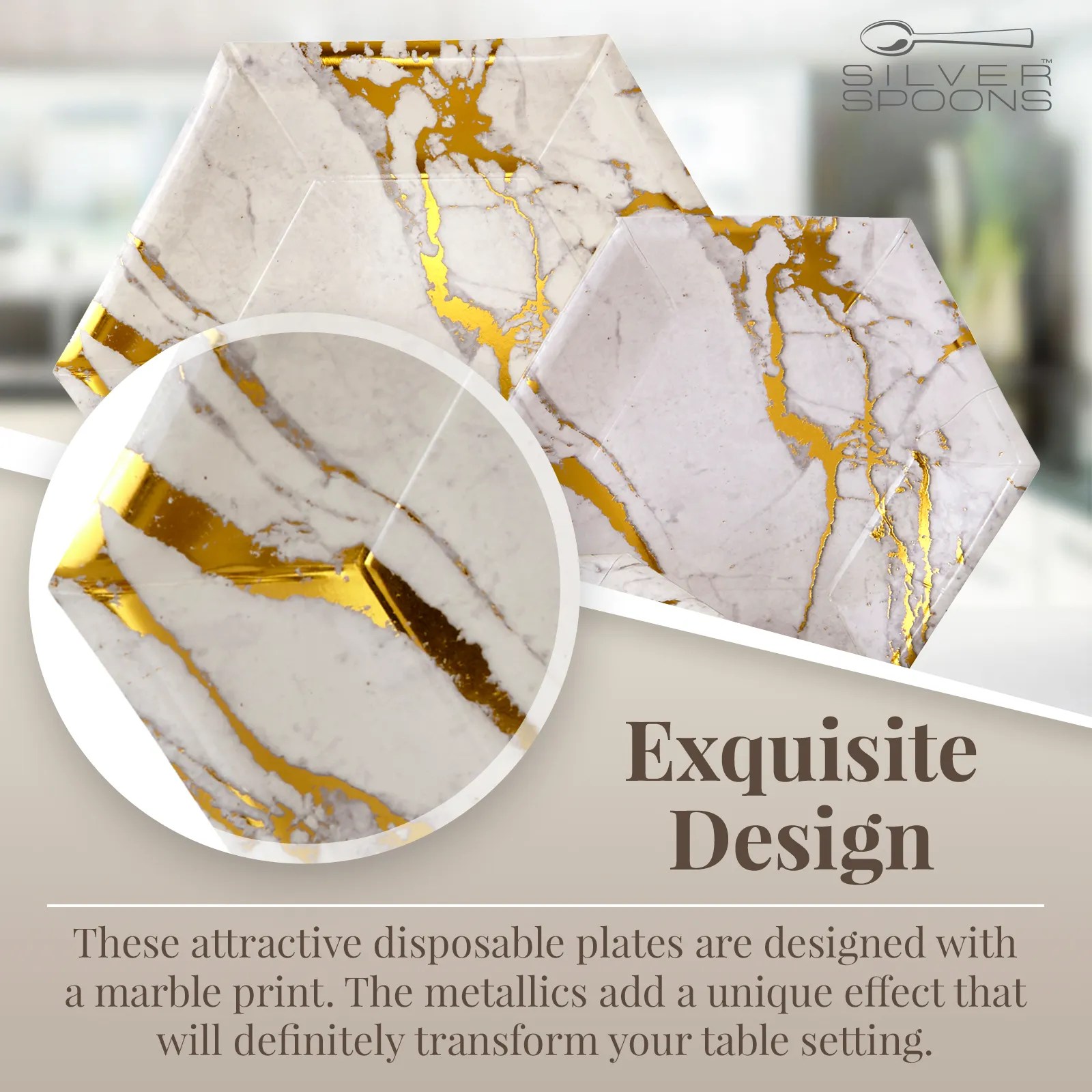 Gold Hexagon Paper Plates Silver Spoons