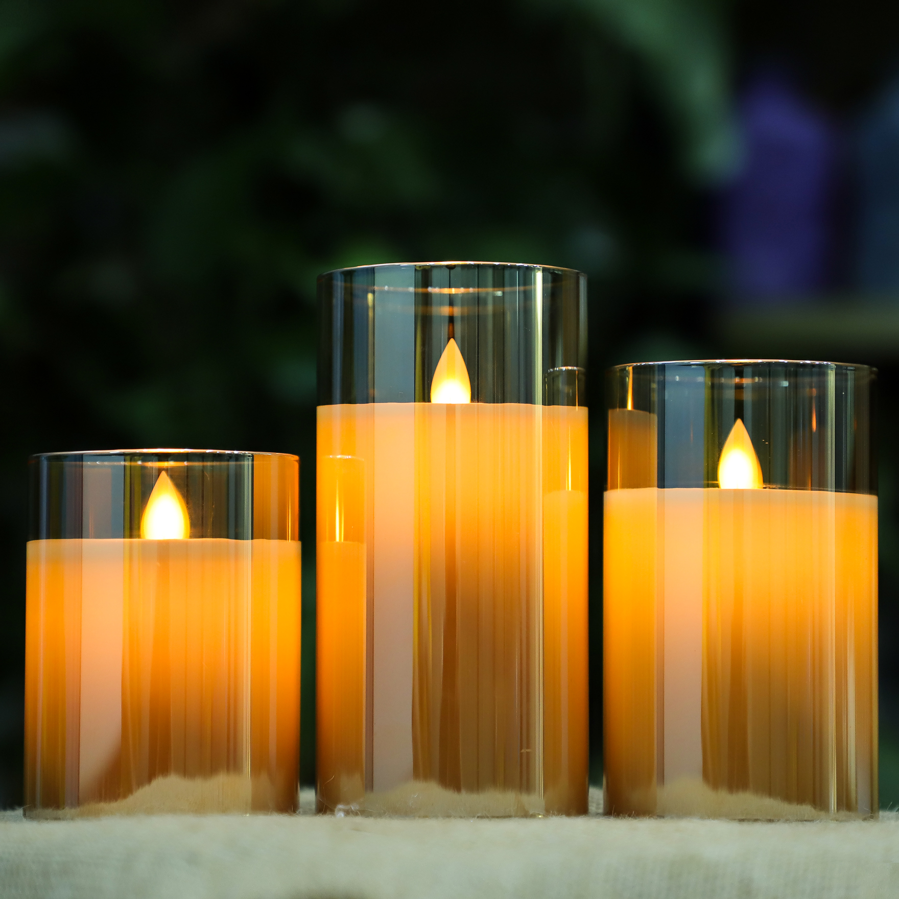 D3" x H4" 5" 6" Luxury Gold Glass Pillar Moving Flame Paraffin Wax