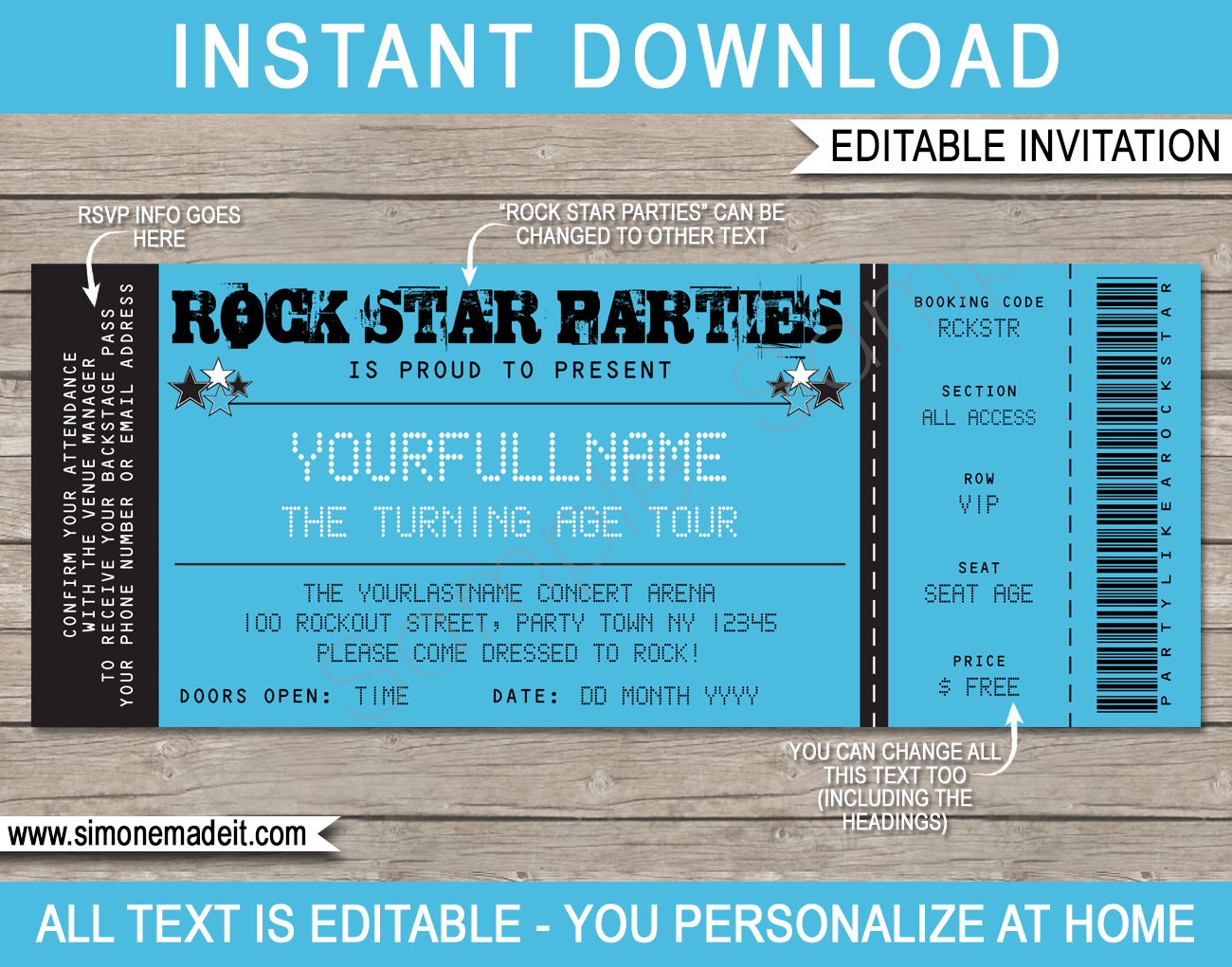 Rockstar Party Ticket Invitation Template Blue Birthday