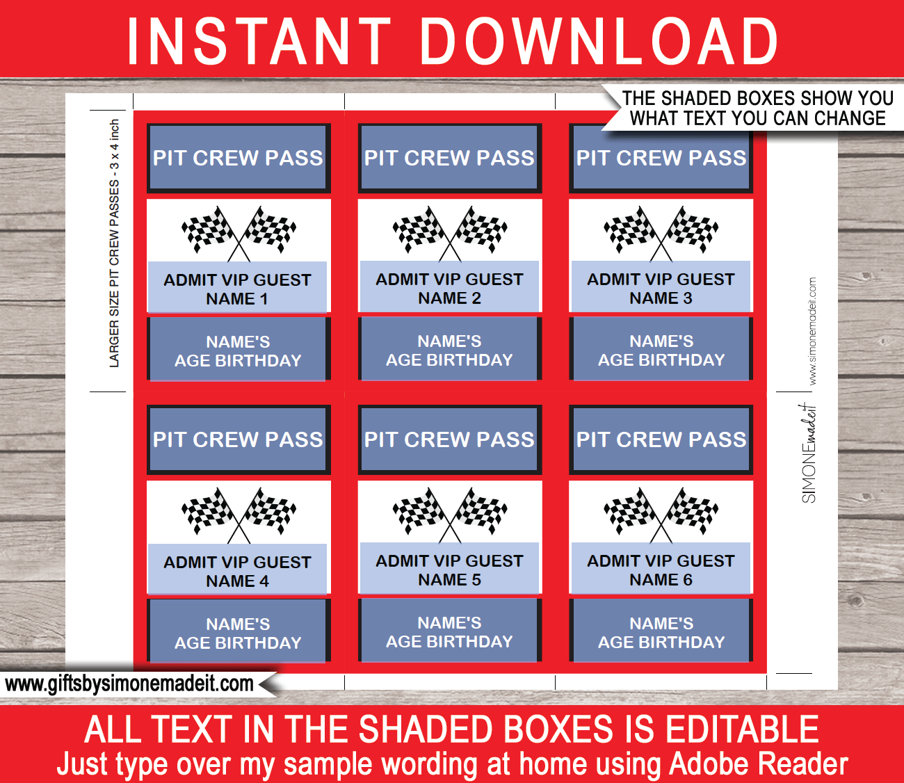 Race Car Party Pit Crew Passes template Party Favors