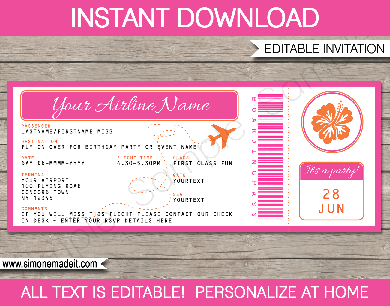Luau Boarding Pass Invitations Template Printable Birthday Party Ticket Invite