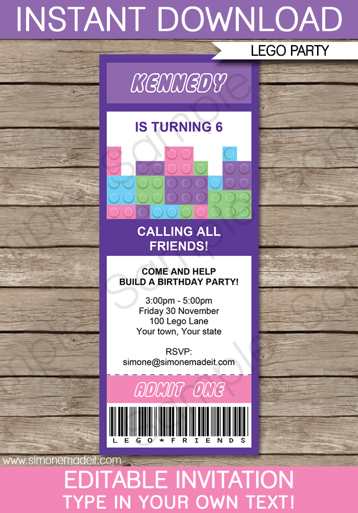 Lego Friends Ticket Invitations Birthday Party Template