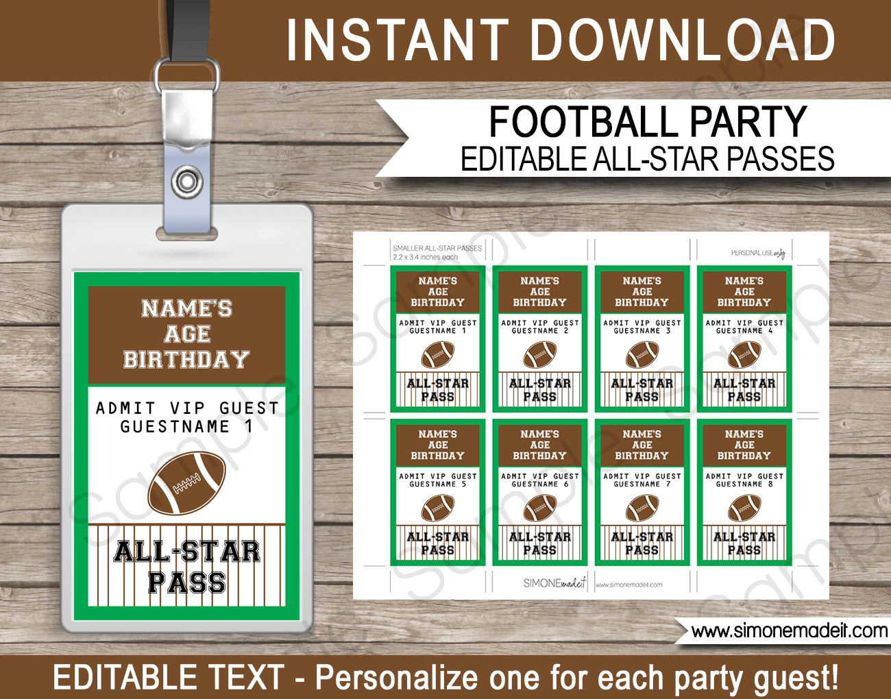 Football Party All Star VIP Passes Template Party Favors