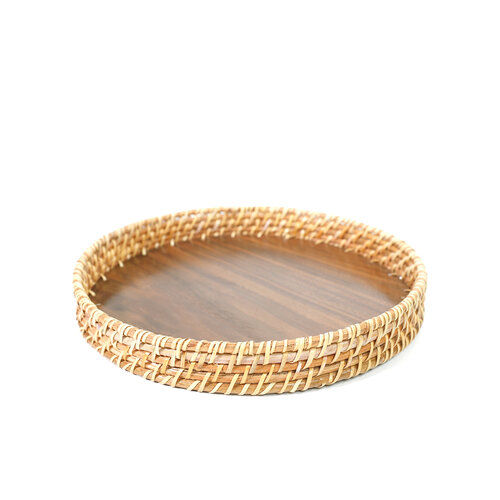 Hand Woven Rattan Tray With Wooden Bottom Wholesale Simple Decor