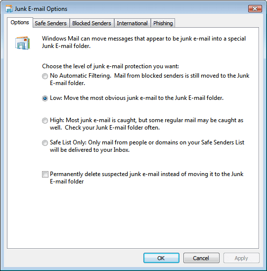 How to configure the Windows Mail Junk Email settings