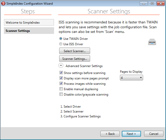 FileSimpleIndex Simple setup Scanner Input Configuration Wizard