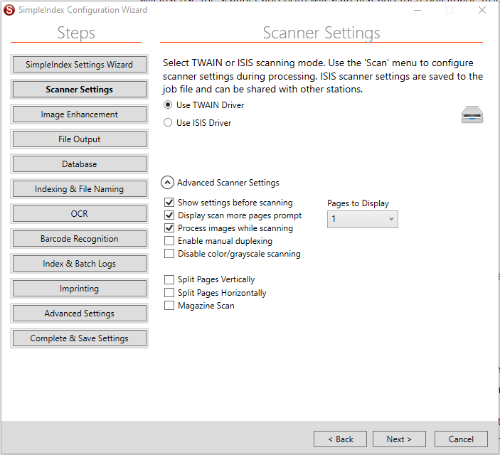 SimpleIndex Scanners Settings Step SimpleIndex