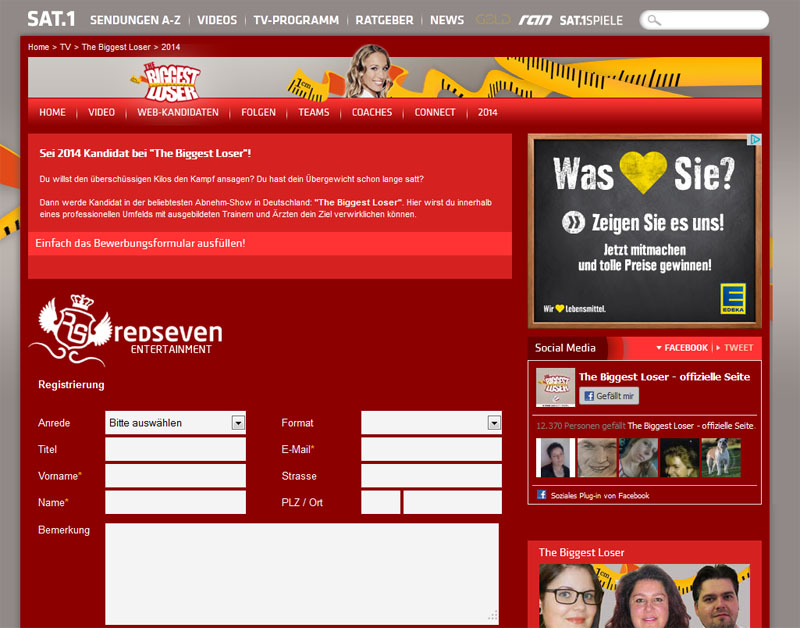 The Biggest Loser (Sat1) Bewerbungsformular online Webbasierte Software für Casting und TV