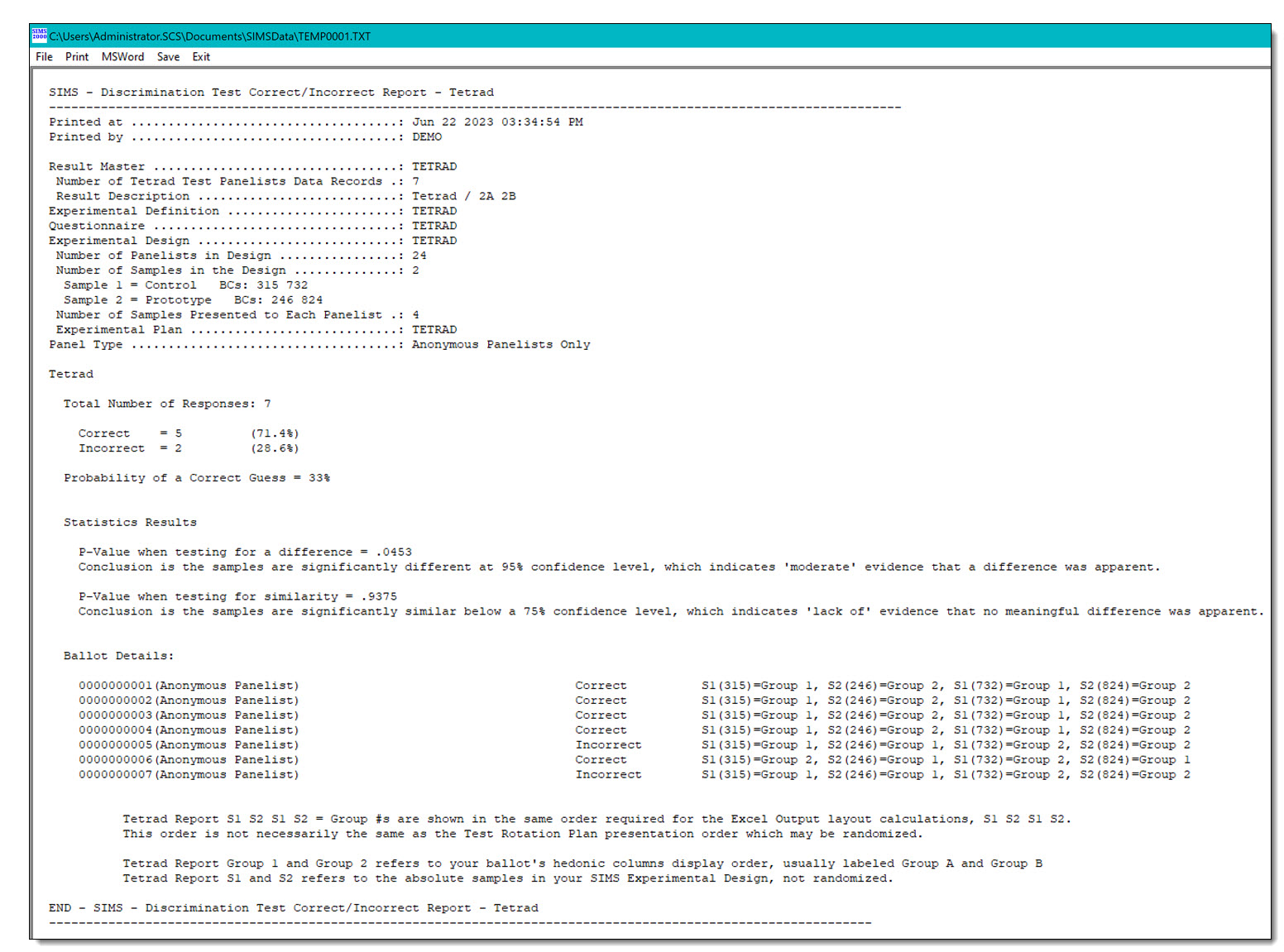 Tetrad Test Examples SIMS Sensory Evaluation Testing Software Cloud